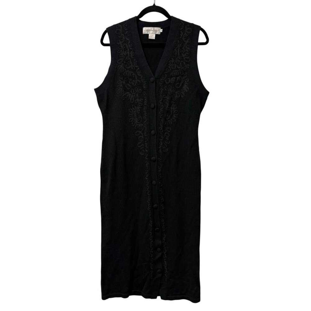 VINTAGE SWEATER VEST DUSTER WOOL ALL WEEK LONG BLACK SZ M EMBELLISHED BUTTON UP